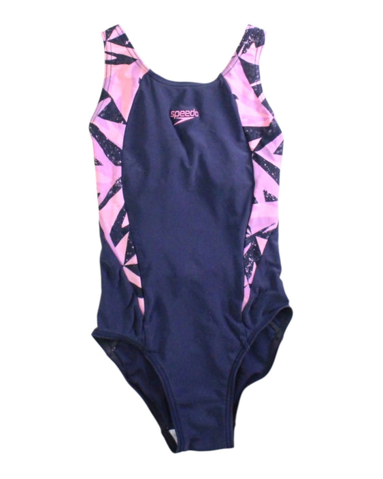 A Navy Swimsuits from Speedo in size 5T for girl. (Front View)