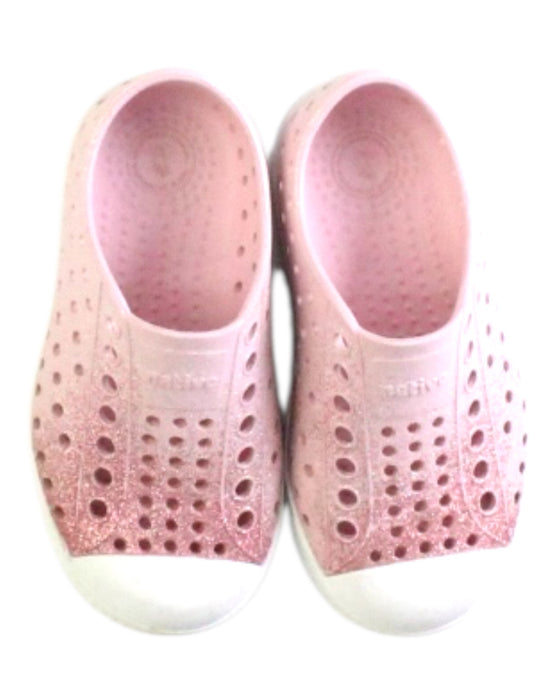 A Pink Slip Ons from Native Shoes in size 3T for girl. (Back View)