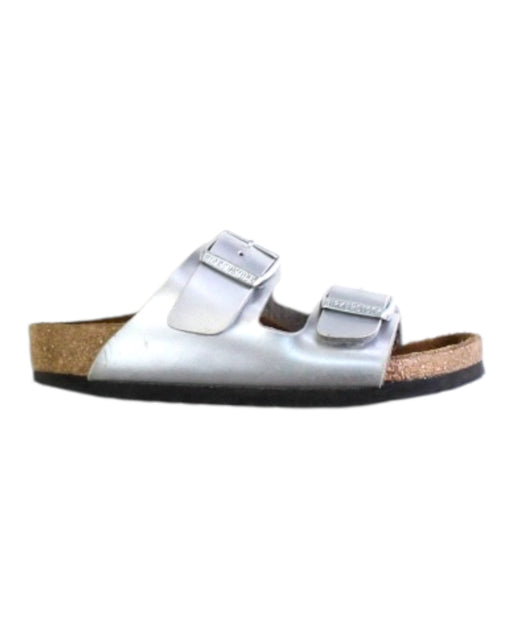 A Silver Sandals from Birkenstock in size 4T for girl. (Front View)