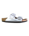 A Silver Sandals from Birkenstock in size 4T for girl. (Front View)