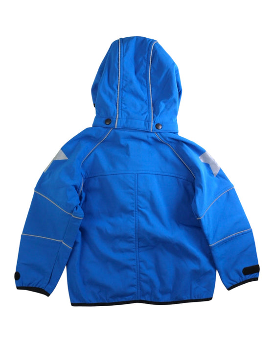 A Blue Rain Jackets from Molo in size 4T for boy. (Back View)