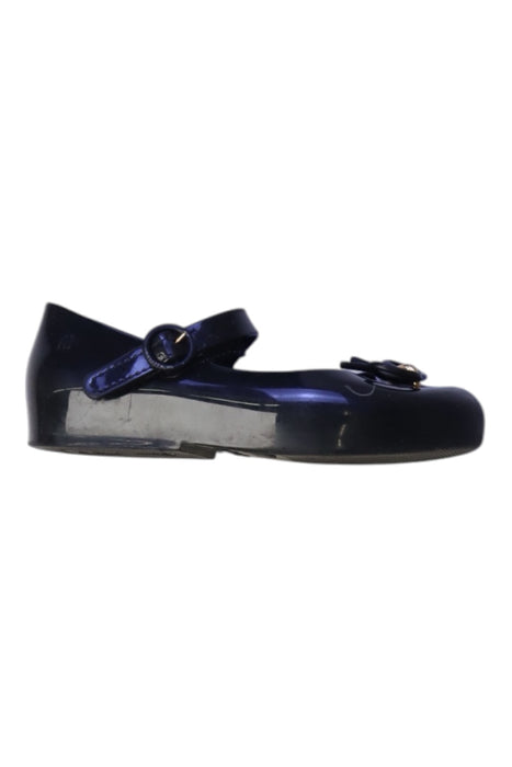 A Black Flats from Mini Melissa in size 4T for girl. (Front View)