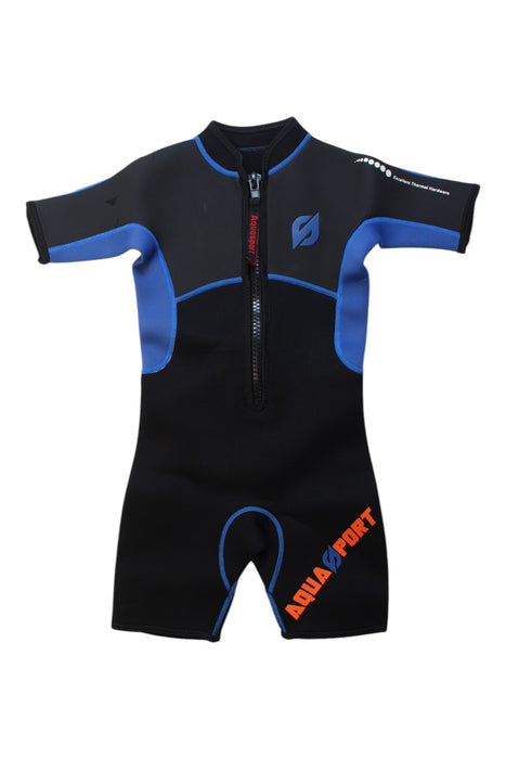 A Black Wetsuits from Aquasport in size 6T for boy. (Front View)