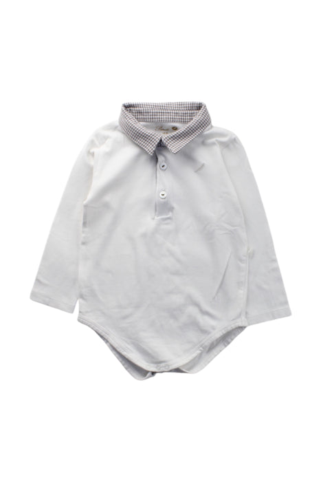 A White Long Sleeve Bodysuits from Purete du... Bebe in size 12-18M for neutral. (Front View)