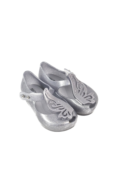 A Silver Sandals from Mini Melissa in size 12-18M for girl. (Front View)