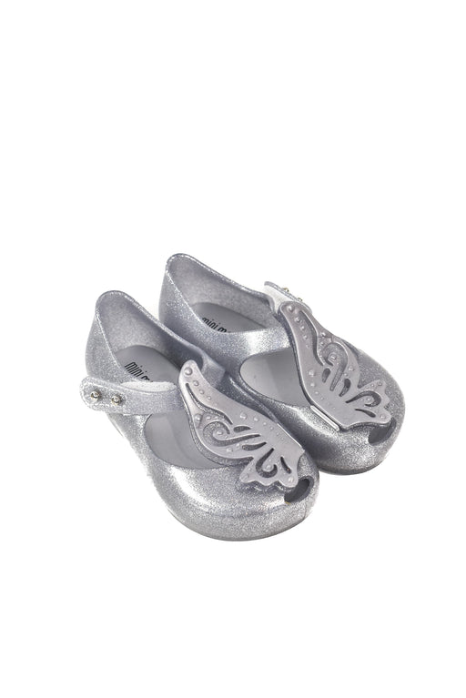 A Silver Sandals from Mini Melissa in size 12-18M for girl. (Front View)