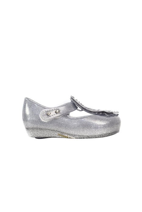 A Silver Sandals from Mini Melissa in size 12-18M for girl. (Back View)