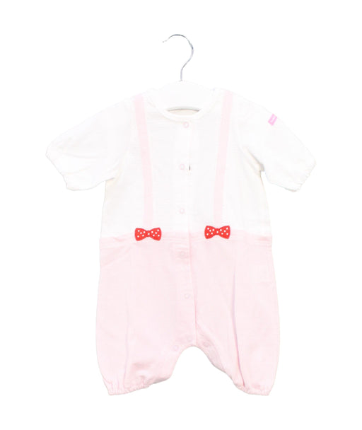 A Pink Short Sleeve Rompers from Miki House in size 0-3M for girl. (Front View)