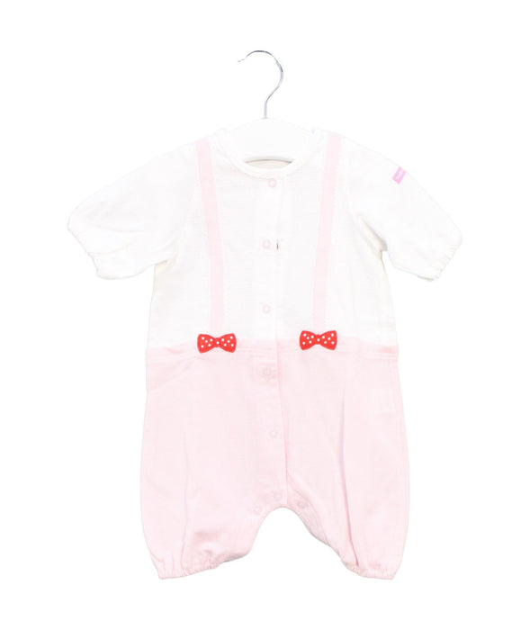 A Pink Short Sleeve Rompers from Miki House in size 0-3M for girl. (Front View)