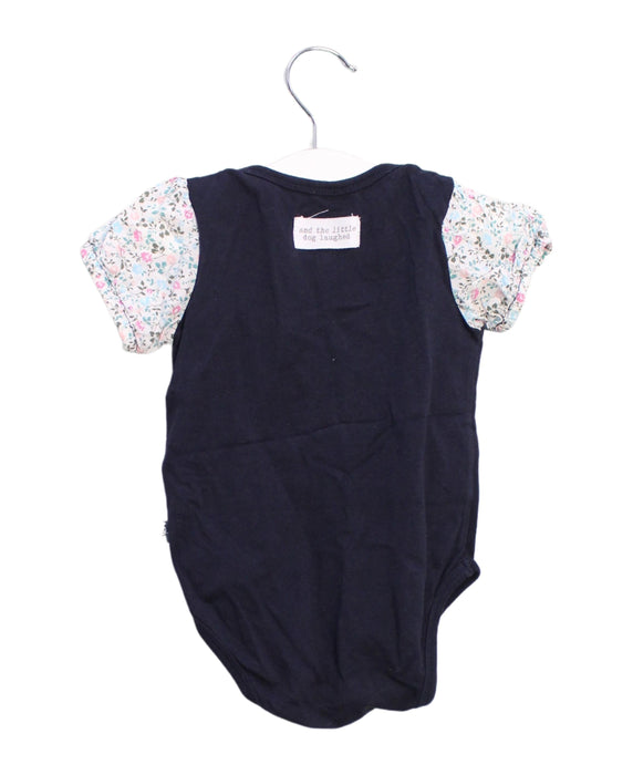 A Navy Short Sleeve Bodysuits from and the little dog laughed in size 6-12M for girl. (Back View)