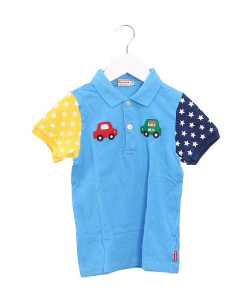 A Blue Short Sleeve Polos from Miki House in size 5T for boy. (Front View)