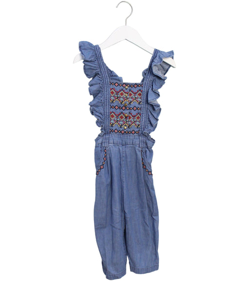 A Blue Sleeveless Rompers from Velveteen in size 4T for girl. (Front View)