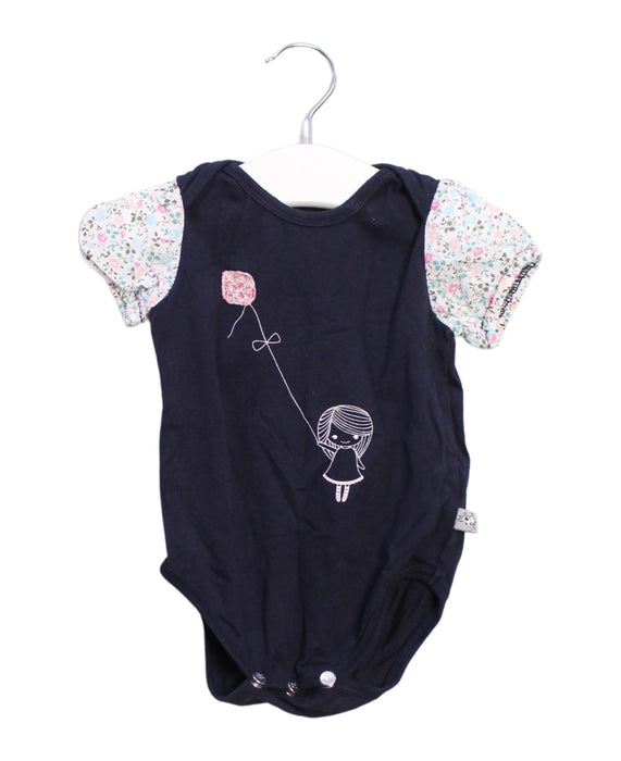 A Navy Short Sleeve Bodysuits from and the little dog laughed in size 6-12M for girl. (Front View)
