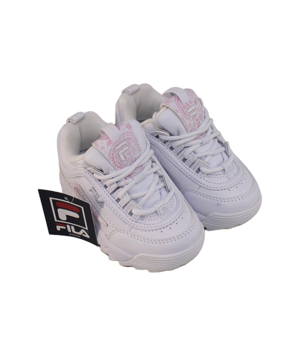 A White Sneakers from Fila in size 3T for girl. (Front View)