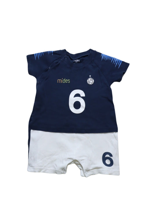 A Navy Short Sleeve Rompers from Mides in size 12-18M for boy. (Front View)