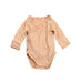 A Beige Long Sleeve Bodysuits from Quincy Mae in size Newborn for girl. (Front View)