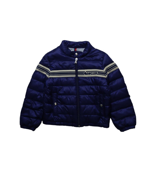 A Blue Puffer/Quilted Jackets from Moncler in size 3T for neutral. (Front View)