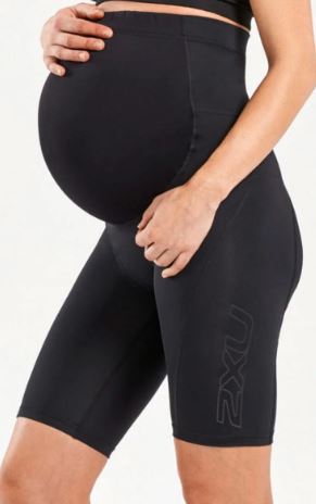 A Black Shorts from 2XU in size S for maternity. (Front View)