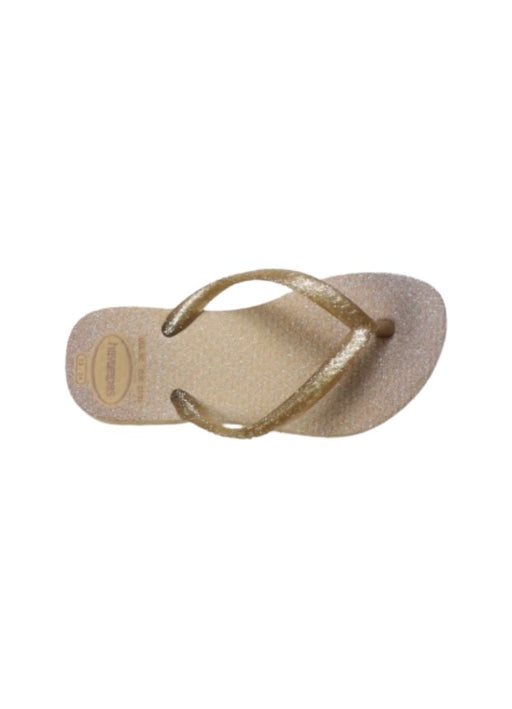 A Gold Flip Flops from Havaianas in size 4T for girl. (Front View)