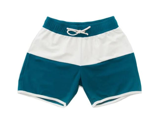 A Teal Swim Shorts from Folpetto in size 5T for boy. (Front View)