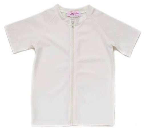 A White Rash Guards from Folpetto in size 3T for neutral. (Front View)
