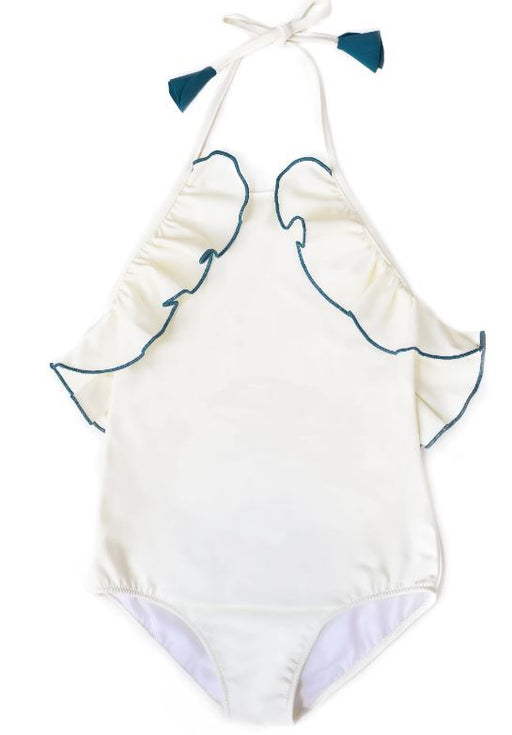 A White Swimsuits from Folpetto in size 3T for girl. (Front View)