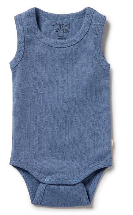 A Blue Sleeveless Bodysuits from Wilson & Frenchy in size Newborn for neutral. (Front View)