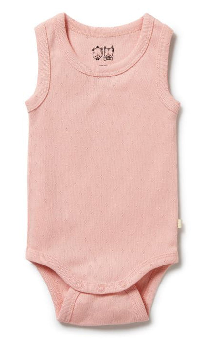 A Pink Sleeveless Bodysuits from Wilson & Frenchy in size Newborn for girl. (Front View)
