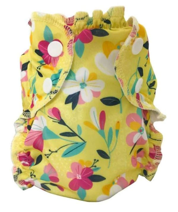 A Yellow Swim Diapers from Apple Cheeks in size O/S for girl. (Front View)