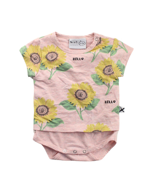 A Pink Short Sleeve Bodysuits from Minti in size 0-3M for girl. (Front View)