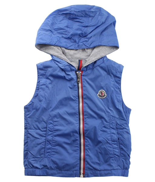 A Blue Outerwear Vests from Moncler in size 5T for boy. (Front View)