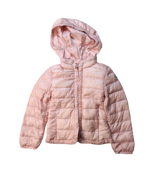 A Pink Puffer/Quilted Jackets from Moncler in size 4T for girl. (Front View)