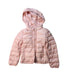 A Pink Puffer/Quilted Jackets from Moncler in size 4T for girl. (Front View)