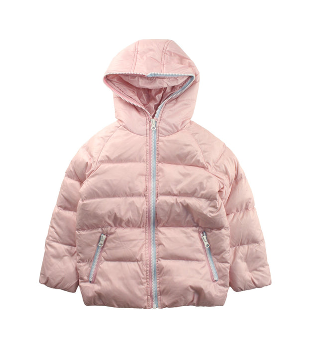 A Pink Puffer/Quilted Jackets from Petit Main in size 4T for girl. (Front View)