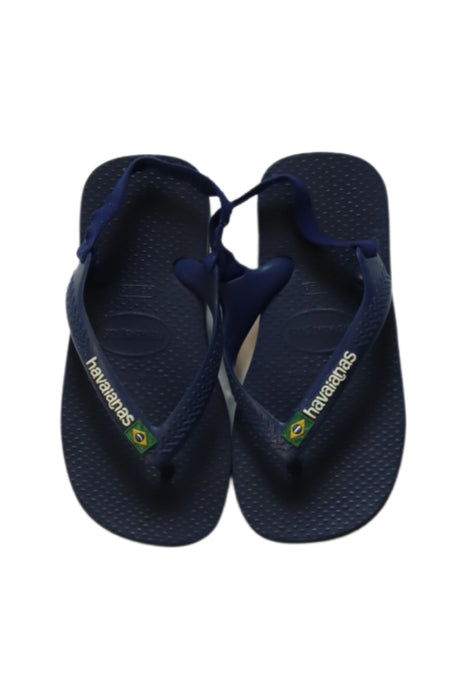 A Navy Flip Flops from Havaianas in size 4T for girl. (Back View)