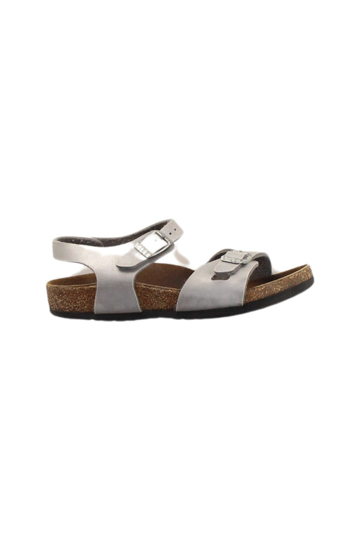 A Silver Sandals from Birkenstock in size 6T for girl. (Front View)