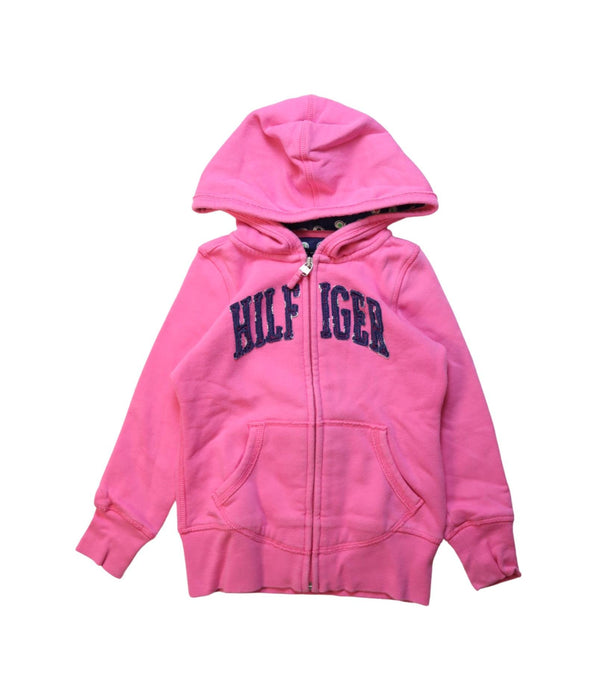 A Pink Zippered Sweatshirts from Tommy Hilfiger in size 4T for girl. (Front View)