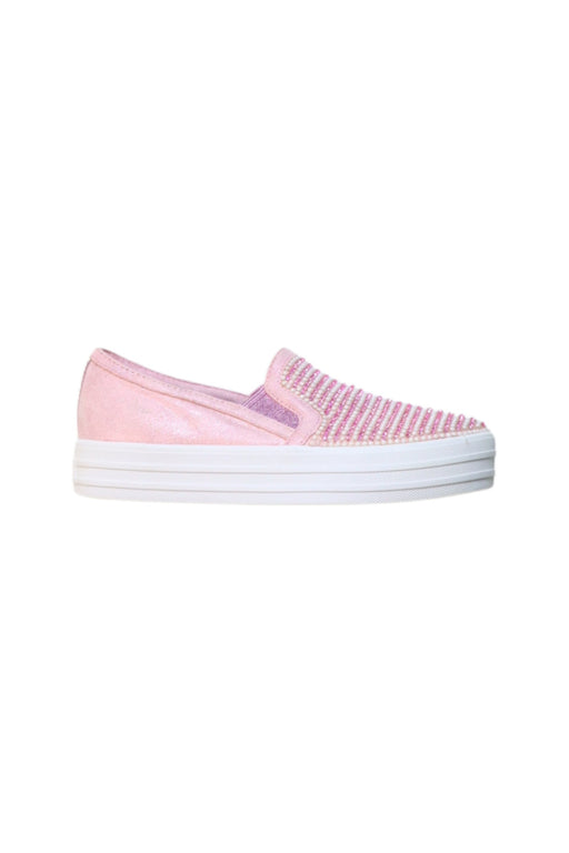 A Pink Slip Ons from Skechers in size 7Y for girl. (Front View)