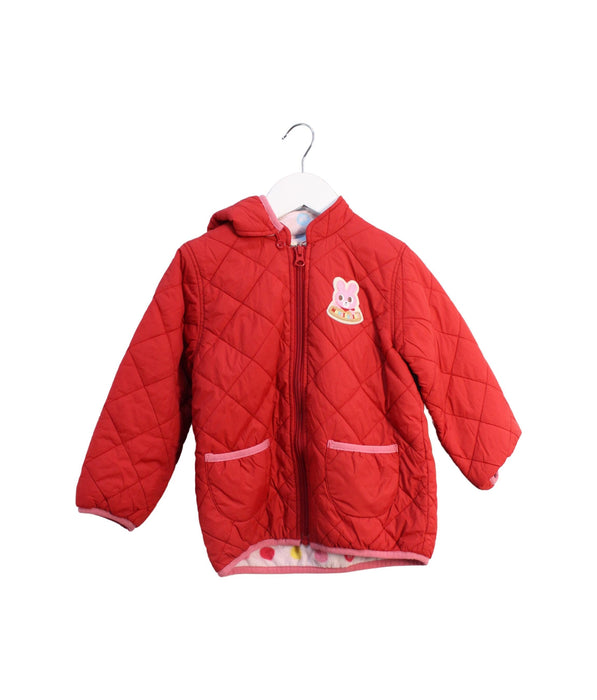 A Red Puffer/Quilted Jackets from Miki House in size 2T for girl. (Front View)